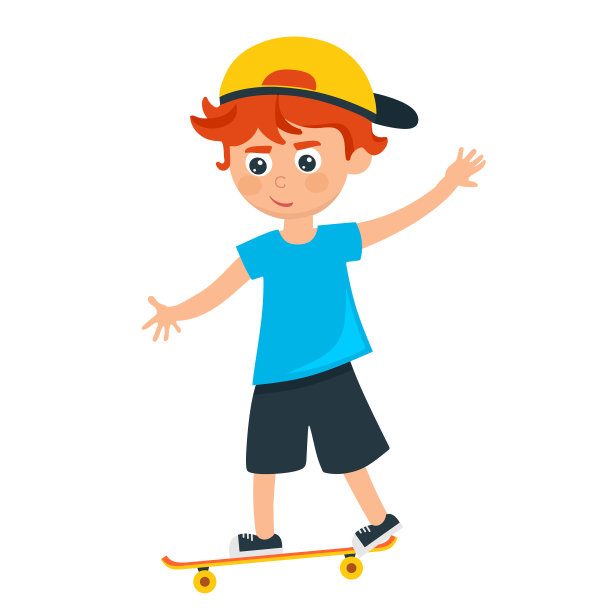 一个戴着棒球帽、踩着滑板的快乐男孩图片下载