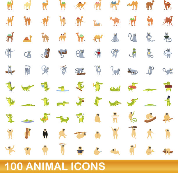 100个动物图标设定卡通风格图片下载