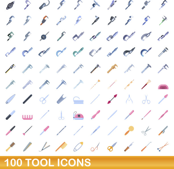 100个工具图标设置卡通风格图片下载