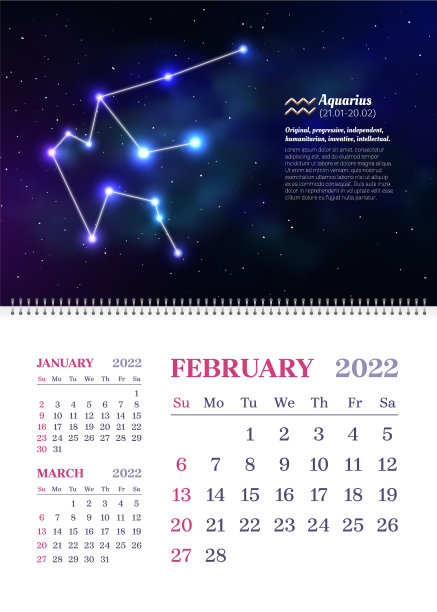 墙上黄道日历二月垂直形式图片下载