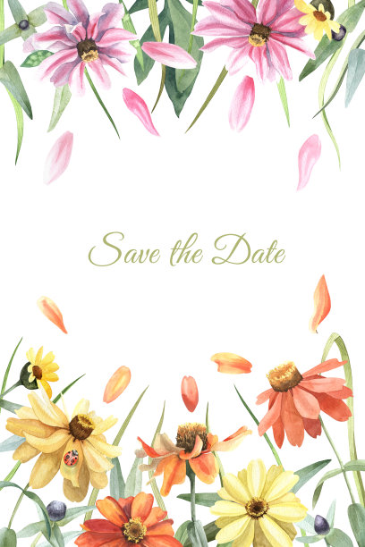 保存带有水彩花卉边框的日期卡片。金盏花花、叶、草图片下载