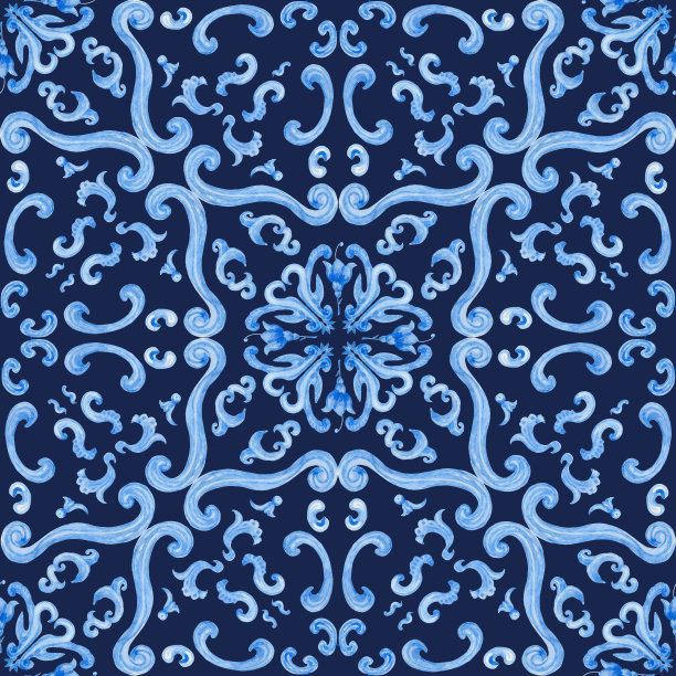 水彩绘靛蓝色锦缎无缝图案图片下载
