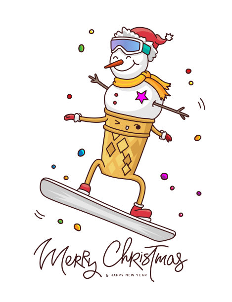 香草冰淇淋形状的雪人在华夫饼杯飞在滑雪板上。题词:圣诞快乐，新年快乐。图片下载