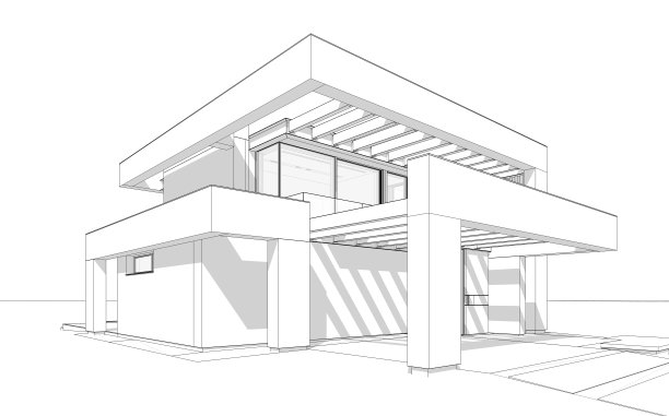 现代住宅的3d渲染豪华风格，白色背景上的黑线图片下载