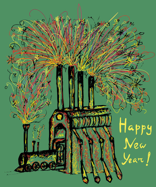 向量贺年卡用旧蒸汽火车和烟花图片下载