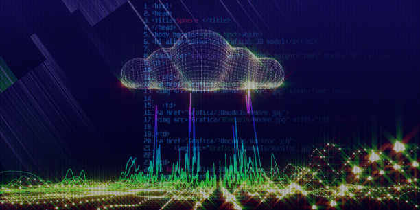 抽象背景云计算代码概念与模糊线。云计算旗帜。互联网业务技术。网络数据服务。图片下载
