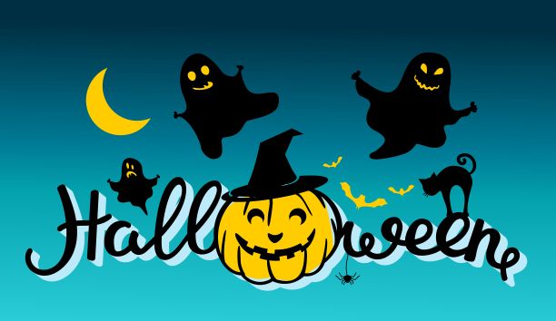 万圣节。这是一张庆祝万圣节的海报，在深绿色的背景上有鬼魂、南瓜、黑猫和蝙蝠。用于网页设计，明信片，海报，印刷。矢量插图。图片下载