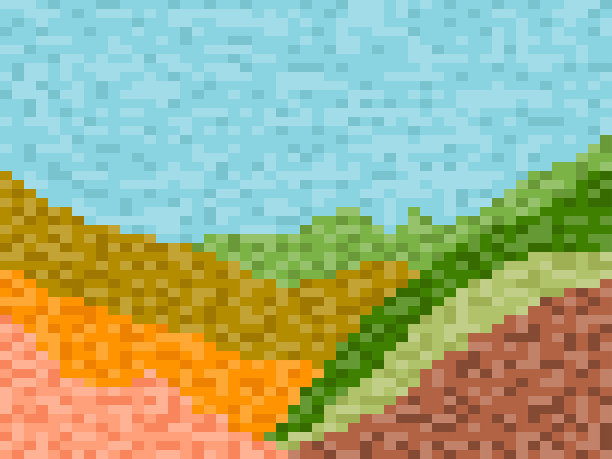 绿色草地和山丘的像素景观。90年代2D复古8位电子游戏。游戏、应用、横幅和海报的像素美术设计。矢量图图片下载