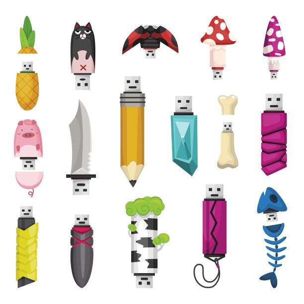 USB闪存盘图标设置。卡通符号。彩色记忆棒孤立在白色背景在平面风格图片下载