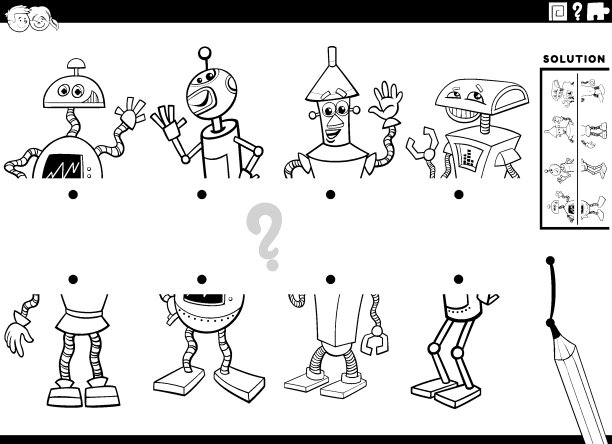 匹配一半的漫画机器人图片涂色书页图片下载