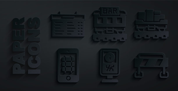 设置信息站，货物火车货车，网上购票，道路障碍，餐厅和火车站板图标。向量图片下载