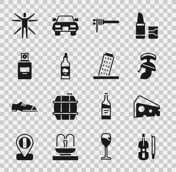 集小提琴，奶酪，罗马军帽，意大利面，橄榄油瓶，香水，维特鲁威人和比萨塔图标。向量图片下载