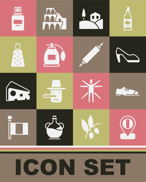 设置地点旗帜意大利，男人鞋子，女人，村庄景观，香水，Grater，和擀面杖图标。向量图片下载