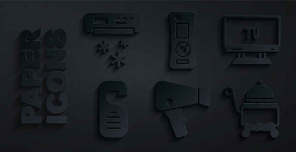 设置电吹风，智能电视，请勿打扰，覆盖托盘，遥控器和空调图标。向量图片下载