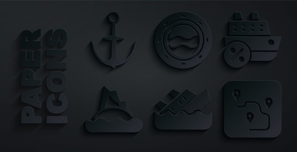 设置沉船游轮，巡航，热带岛屿海洋，路线位置，船舷窗与海景和锚图标。向量图片下载