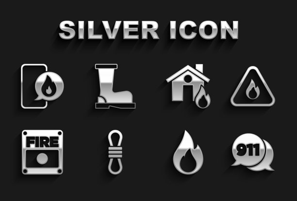 设置攀爬绳，三角形火焰，电话911，报警系统，着火的房子，电话紧急和靴子图标。向量图片下载