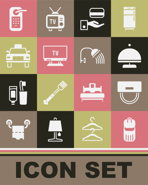 设置垃圾桶，行李员帽，托盘，数字门锁，智能电视，出租车，淋浴头图标。向量图片下载