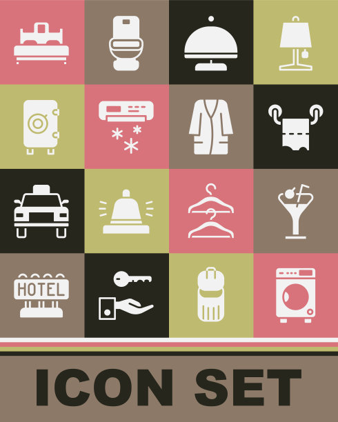设置洗衣机，马提尼玻璃，卫生纸卷，覆盖托盘，空调，保险箱，卧室和浴袍图标。向量图片下载