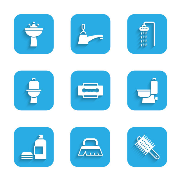 设置刀片剃须刀，清洁刷，发刷，马桶，洗发水，淋浴和脸盆与水龙头图标。向量图片下载