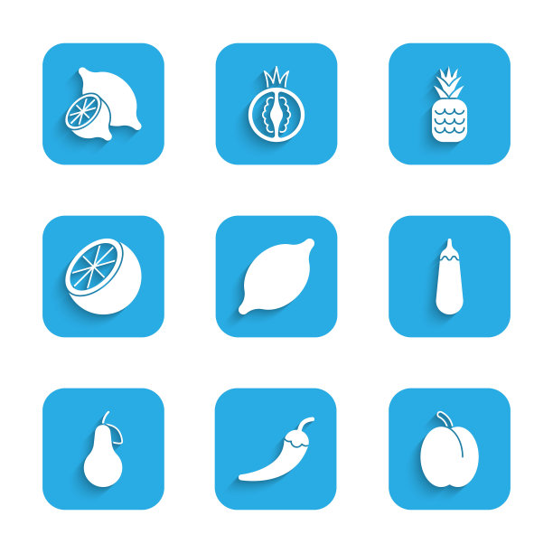 设柠檬、辣椒荚、梅子、茄子、梨、橘子、菠萝等图标。向量图片下载