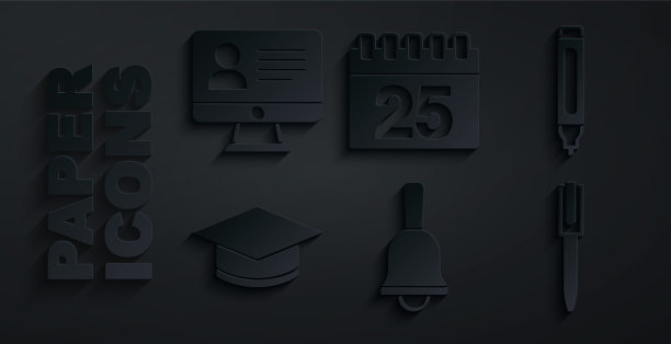 设置铃声，记号笔，毕业帽，钢笔，日历和在线课堂图标。向量图片下载