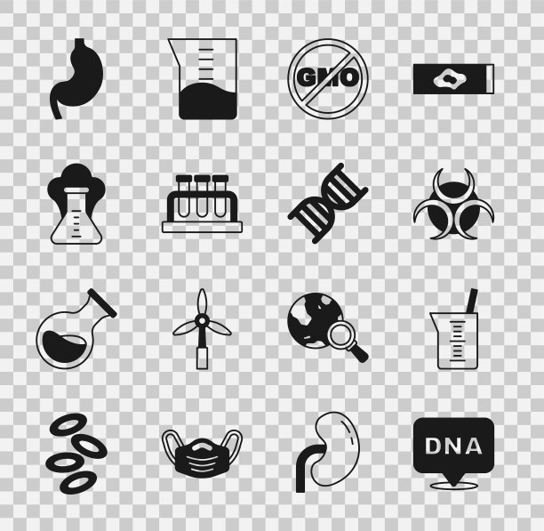 集合DNA符号，实验室玻璃器皿或烧杯，生物危害，无转基因，试管和烧瓶，化学爆炸，人体胃和图标。向量图片下载