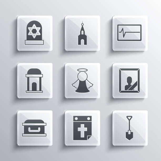 设置日历死亡，铲子，哀悼的相框，天使，棺材与十字架，老地窖，坟墓星大卫和Beat dead监视器图标。向量图片下载