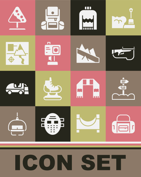 集合运动包，道路交通路标，冬季两项步枪，圣诞毛衣，行动相机，折叠地图，雪崩和高山下降图标。向量图片下载