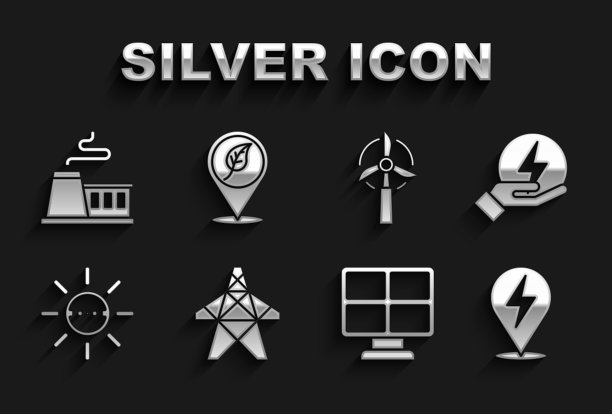 设置电塔，闪电，太阳能电池板，风力涡轮机，工厂和位置与叶子图标。向量图片下载