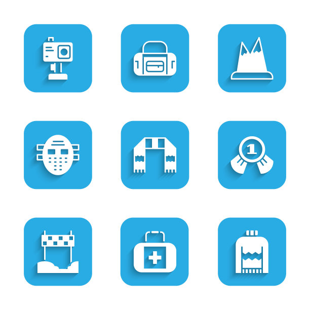 设置冬季围巾，急救箱，圣诞毛衣，奖章，丝带终点线，曲棍球面具，山脉和行动相机图标。向量图片下载