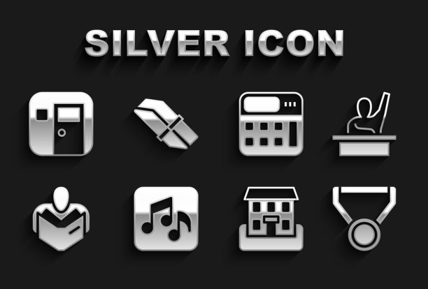 设置音乐音符，音调，男孩举手，奖牌，学校建筑，男人读书，计算器，教室和橡皮橡胶图标。向量图片下载