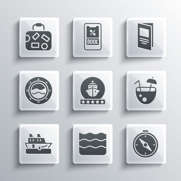 设置波浪，指南针，椰子鸡尾酒，游轮，船舷窗海景，手提箱和小册子图标。向量图片下载