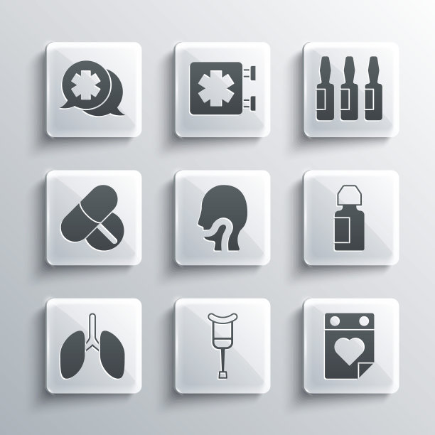 配备拐杖或拐杖，医生预约，滴眼液瓶，喉咙痛，肺，药片，与医生对话，医药瓶，安瓿图标。向量图片下载