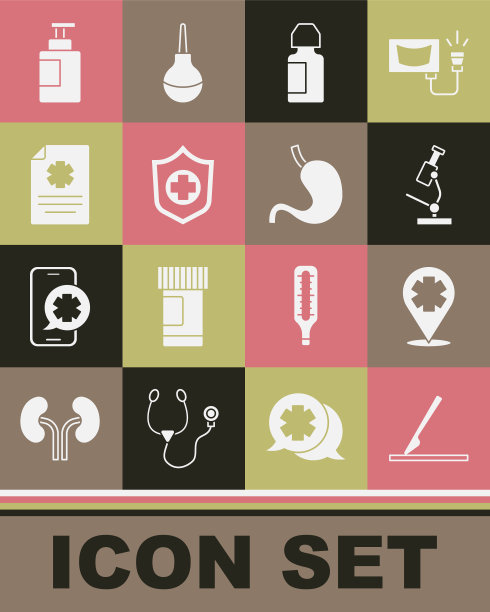 配备医用外科手术刀，十字医院定位，显微镜，滴眼液瓶，人身保险，临床记录，洗手液，人体胃图标。向量图片下载