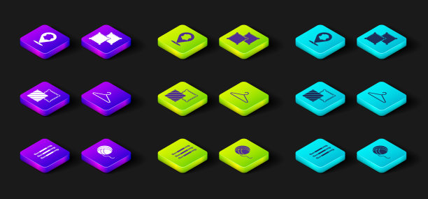 集钩针钩，纱线球，纺织织物卷，衣架衣柜，和皮革图标。向量图片下载