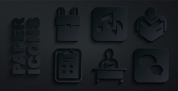 男生坐在课桌前，男生看书，试卷打勾，语音泡泡聊天，音乐笔记，音调和背包图标。向量图片下载