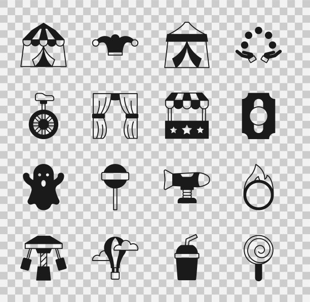 棒棒糖、马戏团火圈、门票、帐篷、窗帘、独轮车或独轮自行车、售票处图标。向量图片下载