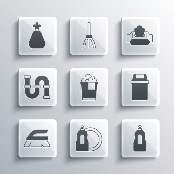 设置洗碗液瓶，垃圾桶，泡沫桶，清洁刷，工业金属管，垃圾袋和湿擦拭包图标。向量图片下载