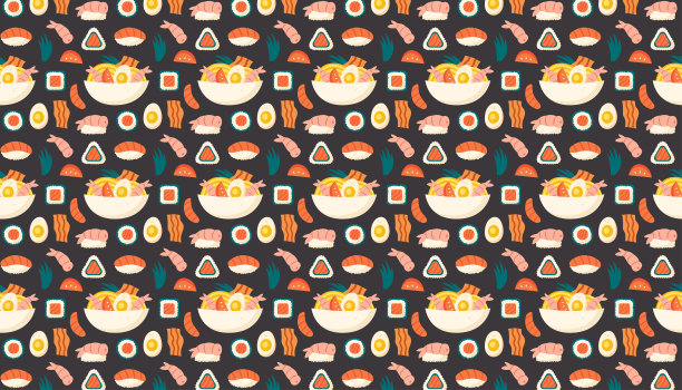 寿司，三文鱼，米饭，虾，海苔，拉面，卷，鸡蛋，培根，鸡蛋，柠檬草。亚洲食物交付。图案，纹理，背景，旗帜。图片下载