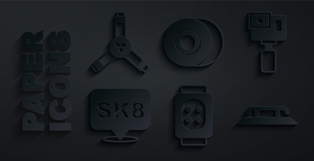 设置膝盖垫，行动相机，滑板，楼梯与轨道，车轮和y工具图标。向量图片下载