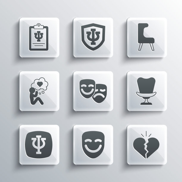 集喜剧戏剧面具，破碎的心或离婚，扶手椅，和悲剧面具，心理学，Psi，头与，和图标。向量图片下载