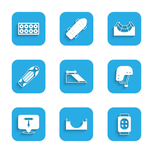 设置滑板公园，膝盖垫，滑板头盔，T工具，甲板，轮子图标。向量图片下载