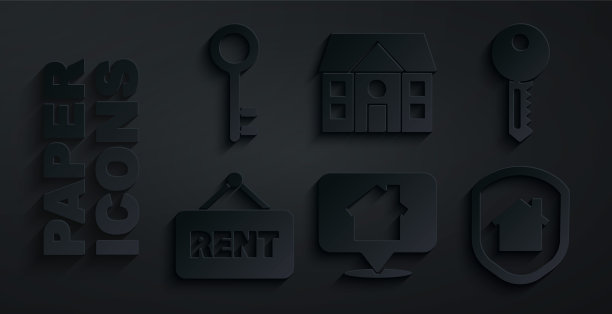 设置位置与房子，房子钥匙，悬挂出租标志，在保护下，和图标。向量图片下载