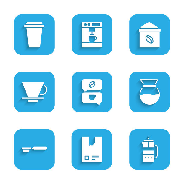 设置咖啡和对话，袋咖啡豆，法国压滤机，倒在制造商，过滤器持有人，V60，和杯子去图标。向量图片下载