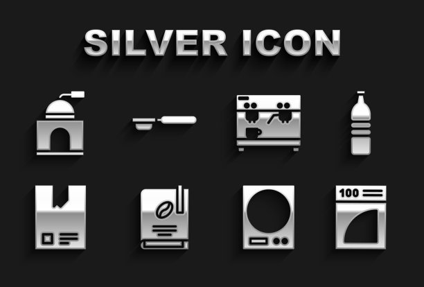 Set Coffee book, Bottle water, paper filter, Electronic scales, Bag Coffee beans, machine, Manual grinder and holder icon. Set Coffee book, Bottle water, paper filter, Electronic scales, Bag Coffee beans, machine, Manual grinder and holder。向量图片下载