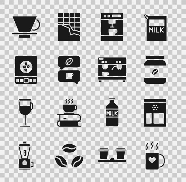 咖啡杯和心，袋咖啡豆，罐子瓶，机器，对话，电子秤，V60制造商和图标。向量图片下载