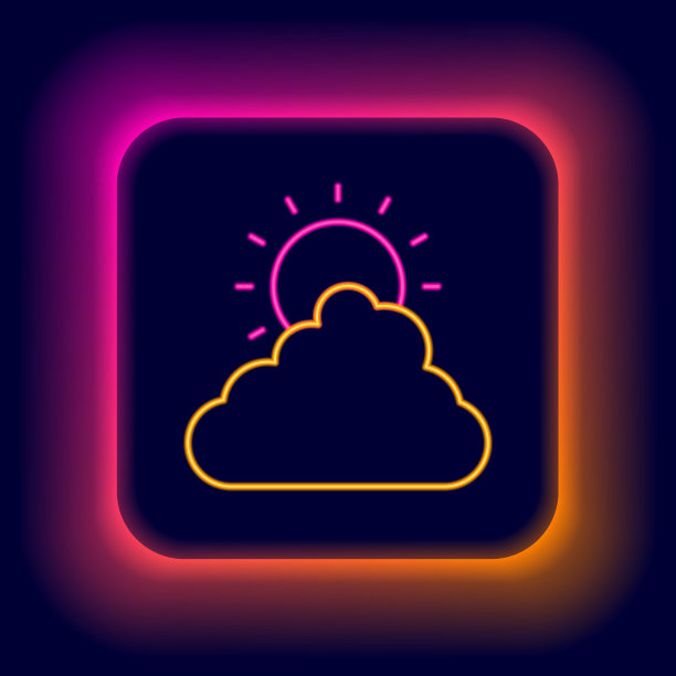 发光的霓虹灯线太阳和云天气图标孤立在黑色背景。色彩斑斓的轮廓的概念。向量图片下载