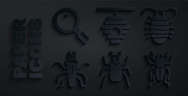 设置甲虫，幼虫昆虫，白蚁，鹿，蜂房为蜜蜂和放大镜图标。向量图片下载