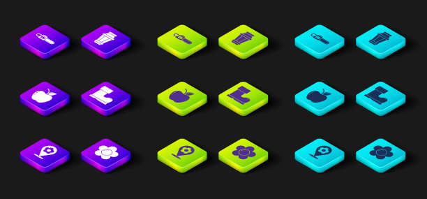 设置位置与花，花，苹果，防水橡胶靴，花园灯和电锯图标。向量图片下载