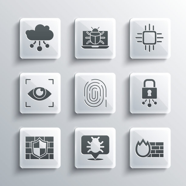 设置系统漏洞，防火墙，安全墙，网络，指纹，屏蔽砖，眼睛扫描，物联网和处理器微电路CPU图标。向量图片下载